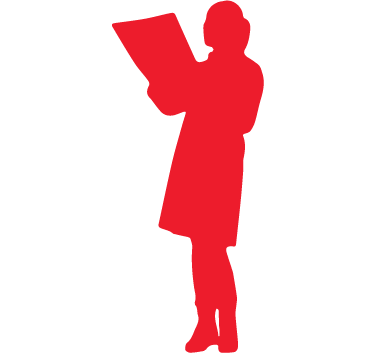 red icon of woman looking at paper