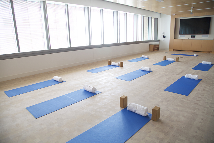Room with 13 blue yoga mats for a yoga class