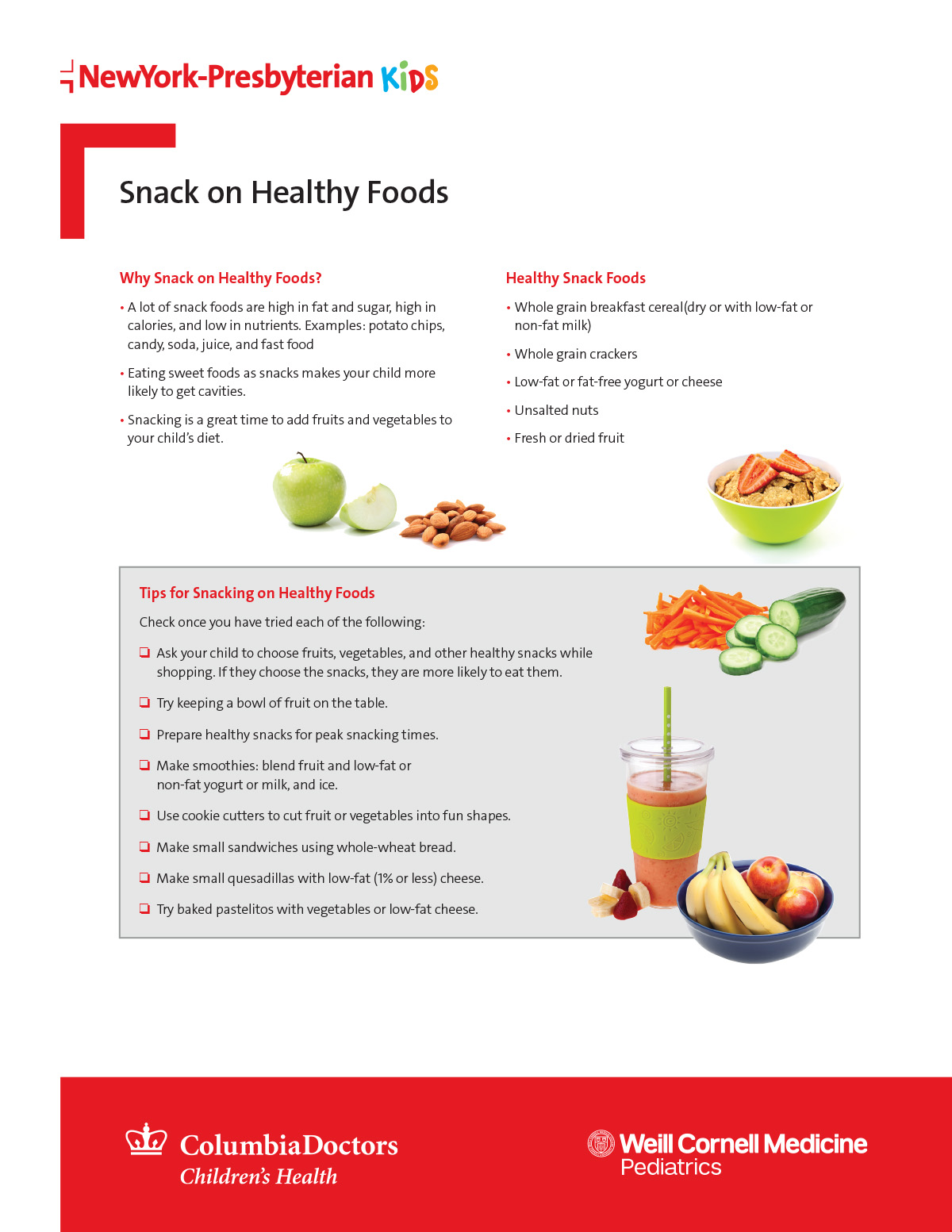 tip sheet about healthy foods and snacks