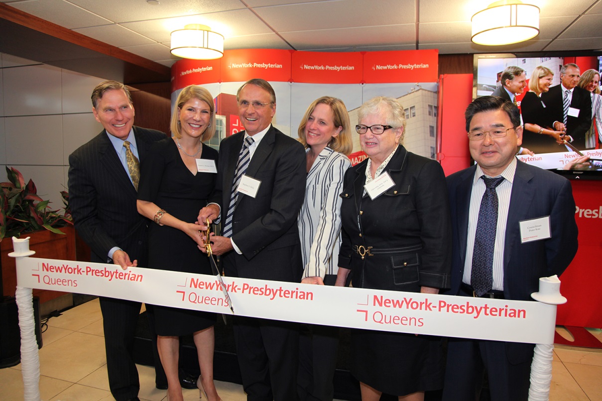 Gary Zuar, chairman, NewYork-Presbyterian/Queens Board of Trustees; Laura Forese, M.D., president, NewYork-Presbyterian Healthcare System; Stephen S. Mills, president and chief executive officer, NewYork-Presbyterian/Queens; Queens Borough President Melinda Katz; Senator Toby Ann Stavisky; and Council Member Peter Koo, attending the ribbon-cutting ceremony to help the hospital celebrate its recent renaming to NewYork-Presbyterian/Queens and its closer relationship to NewYork-Presbyterian