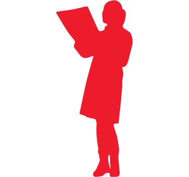 red icon of woman looking at paper