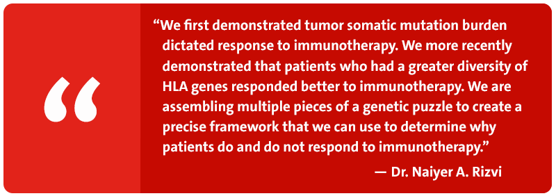We first demonstrated tumor somatic mutation burden dictated response to immunotherapy. We more recently demonstrated that patients who had a greater diversity of HLA genes responded better to immunotherapy. We are assembling multiple pieces of a genetic puzzle to create a precise framework that we can use to determine why patients do and do not respond to immunotherapy. - Dr. Naiyer A. Rizvi