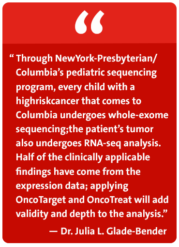 Through NewYork-Presbyterian/ Columbia's pediatric sequencing program, every child with a highriskcancer that comes to Columbia undergoes whole-exome sequencing;the patient's tumor also undergoes RNA-seq analysis. Half of the clinically applicable findings have come from the expression data; applying OncoTarget and OncoTreat will add validity and depth to the analysis. - Dr. Julia L. Glade-Bender