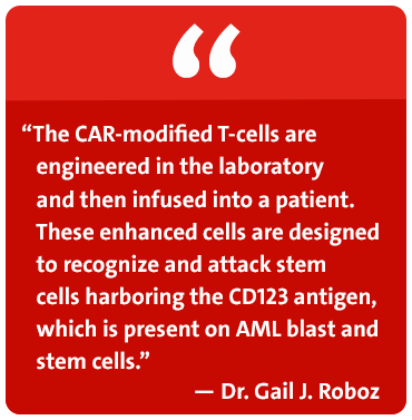 The CAR-modified T-cells are engineered in the laboratory and then infused into a patient. These enhanced cells are designed to recognize and attack stem cells harboring the CD123 antigen, which is present on AML blast and stem cells. - Dr. Gail J. Roboz 