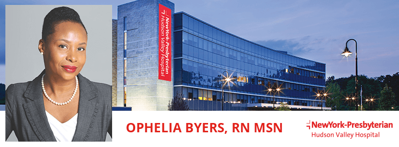 Ophelia Byers in front of NYP Hudson Valley Hospital