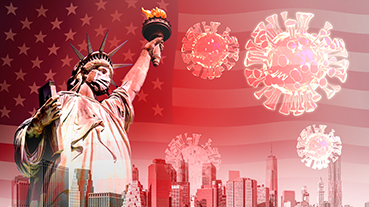image of The Statue of Liberty with mask with background image of coronavirus