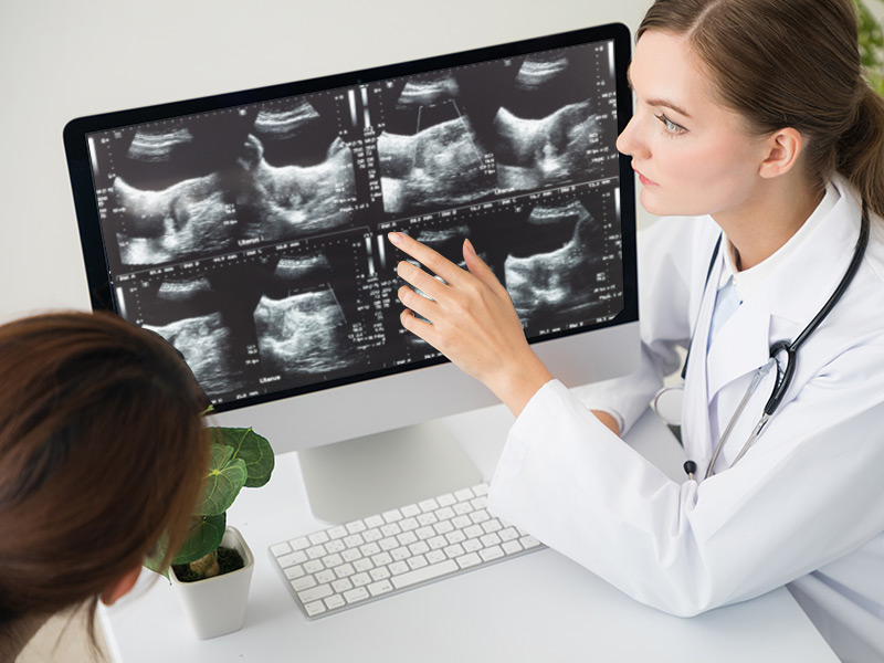 Doctor reviewing ultrasound with patient