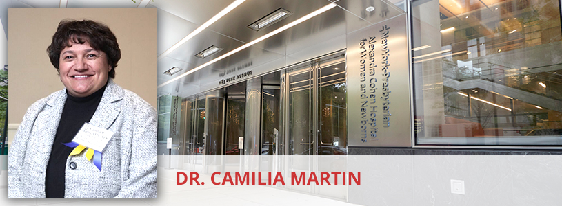 Dr. Camila Martin in front of NYP Alexandra Cohen Hospital