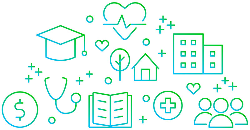 Vector line drawings of icons representing education, environment, healthcare, and people.