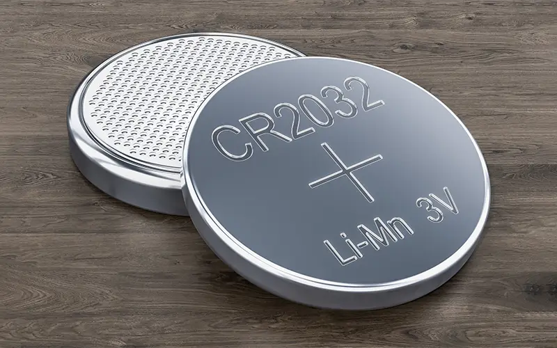 Two button battery cells on a wooden surface