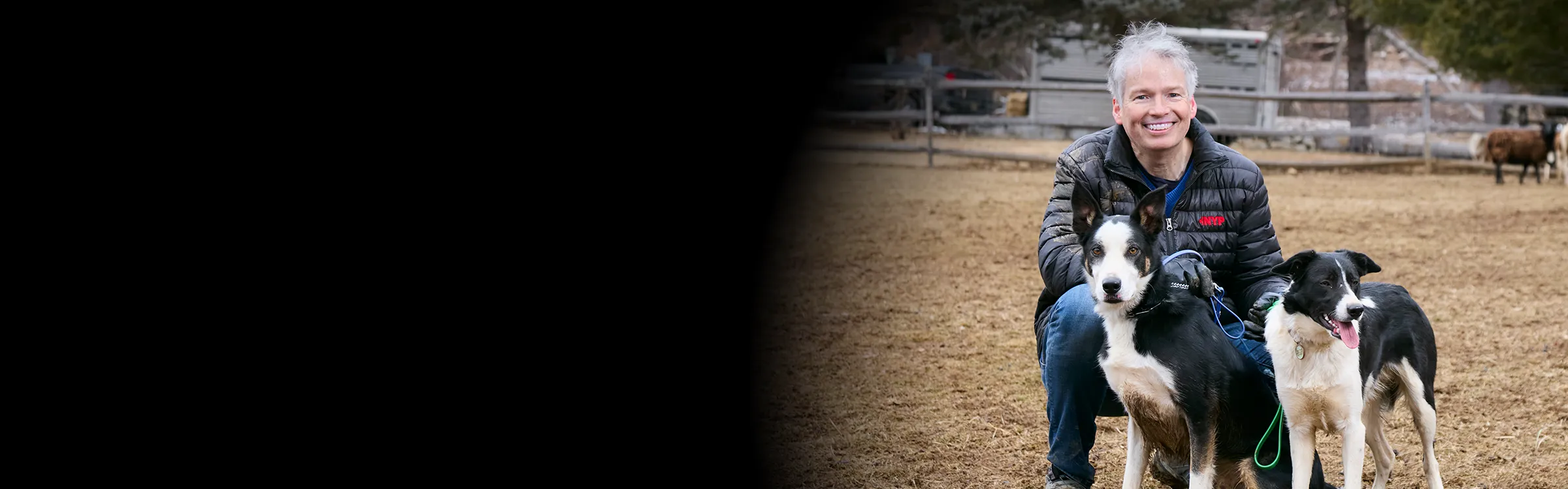 Dr. David Slotwiner kneeling on pasture with two border collies
