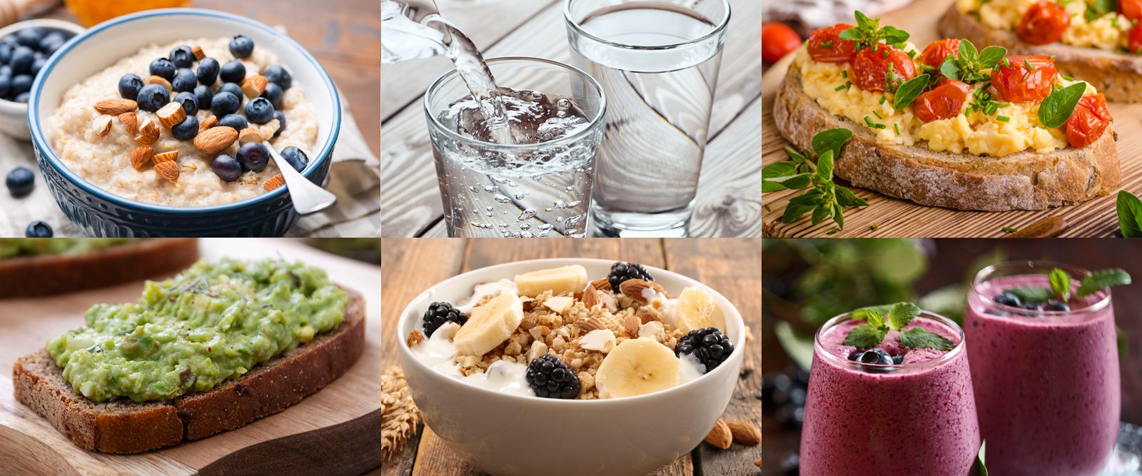 Collage of healthy breakfast items.
