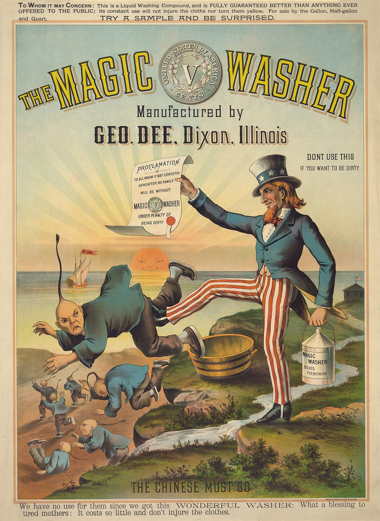 A 19th century advertisement for The George Dee Magic Washing Machine Company shows Uncle Sam kicking caricatures of Chinese workers with the caption “The Chinese Must Go,” a reference to the 1882 Chinese Exclusion Act. Credit: Library of Congress