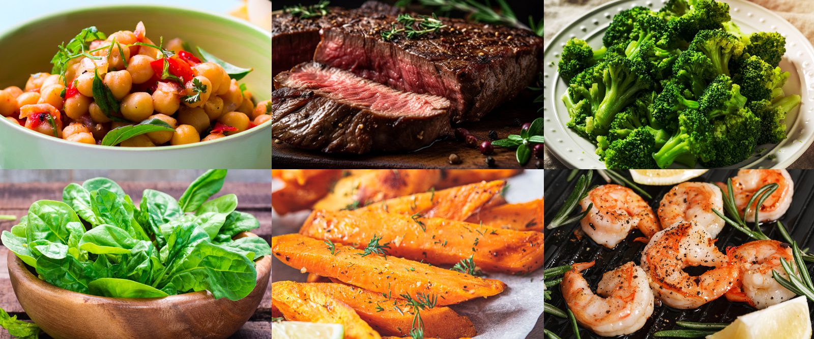 Plates of different proteins, vegetables and carbohydrates.