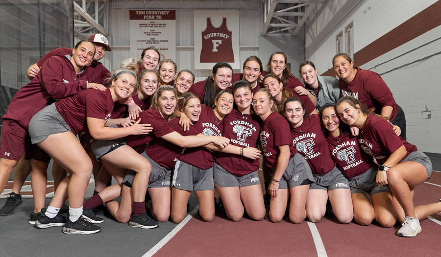 Sarah with her softball team, the Fordham Rams, during her first week back at practice.