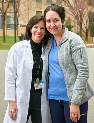 Nurse practitioner Rozelle Corda supported Emily’s interest in becoming a nurse. Here, they reunite in 2023 for the first time since Olivia was in the hospital.