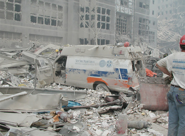 One of the emergency vehicles from the NewYork-Presbyterian convoy, all of which were destroyed.
