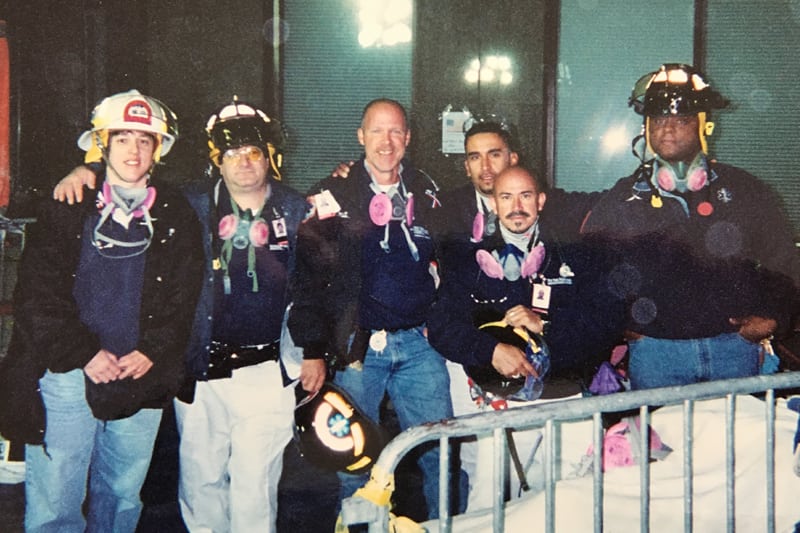 Steven Friend (third from left) with paramedic Lori Beninson (far left), paramedic Alex Massac (far right), and former NewYork-Presbyterian medics at the forward triage station.