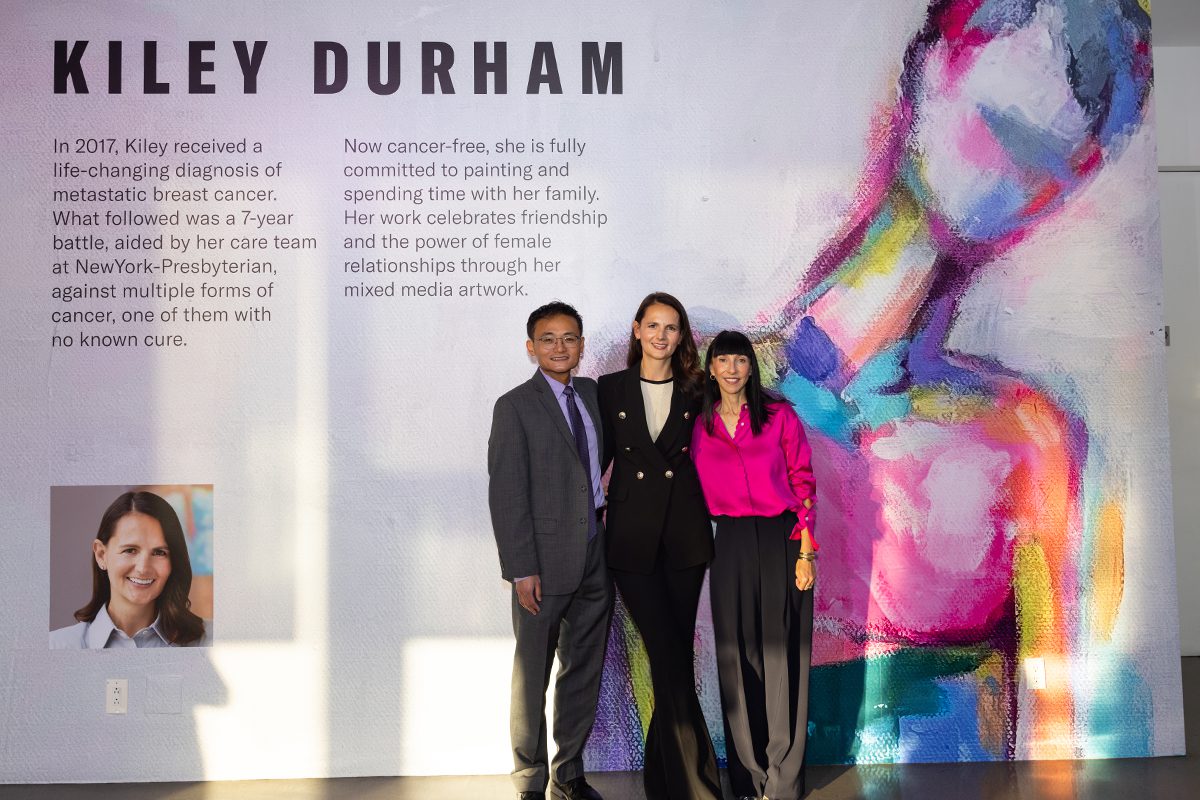 Radiation oncologist Dr. John Ng (left), patient Kiley Durham (center), and medical oncologist Dr. Tessa Cigler (right) have formed a strong bond since Kiley’s initial cancer diagnosis in 2017