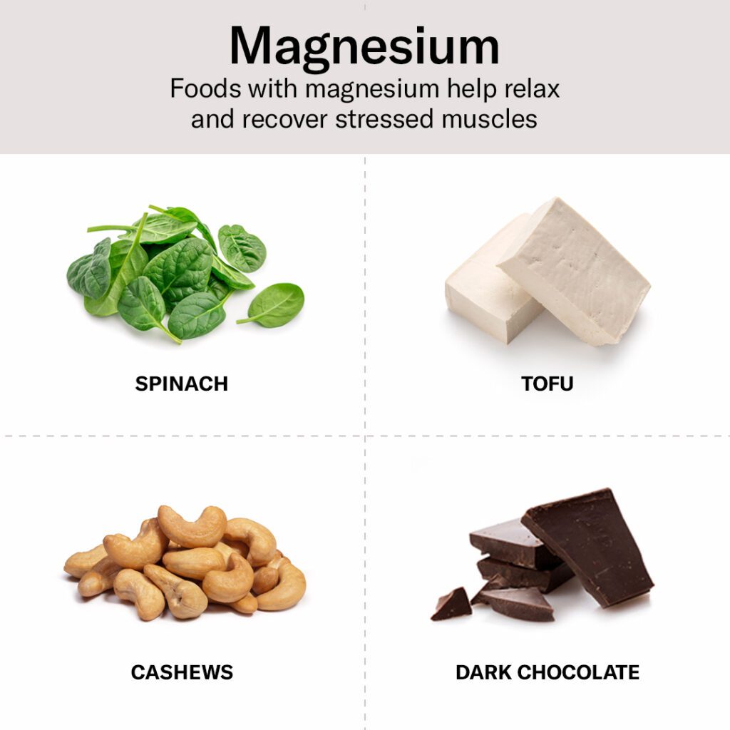Foods with magnesium, such as spinach and tofu.
