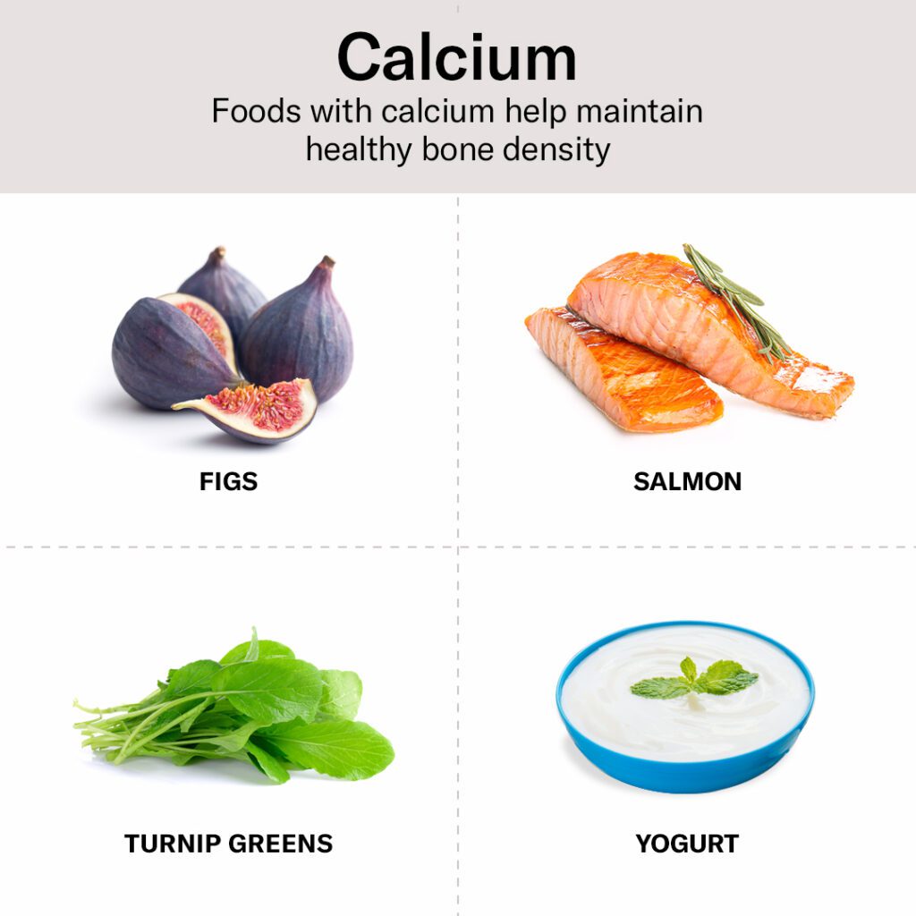 Foods with calcium, such as salmon and yogurt.