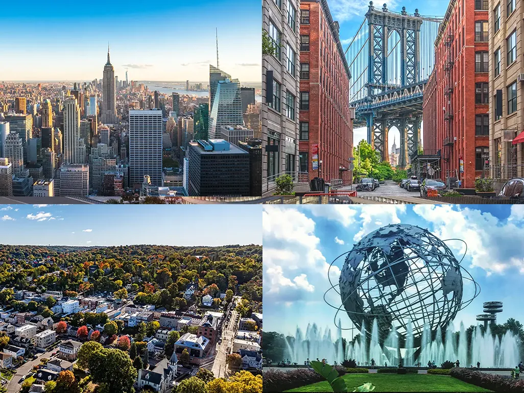 Four images of midtown Manhattan, downtown Brooklyn, Queens, and White Plains, NY