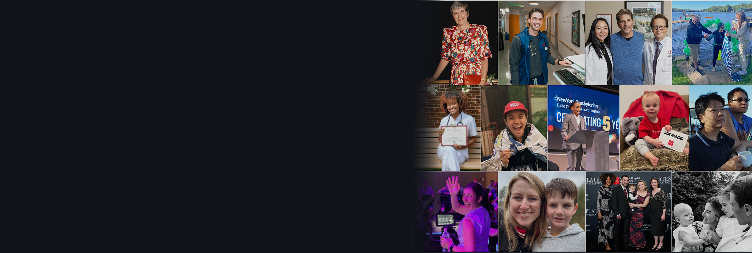 Mosaic of images showing clinicians at work, patients and families, and community and donor moments, representing the impact of care and philanthropy at NewYork-Presbyterian.