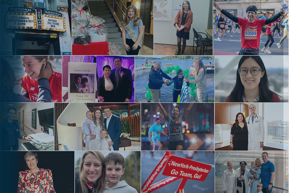 Collage of NewYork-Presbyterian community members fundraising, including runners, patients, families, and supporters participating in events and celebrations.