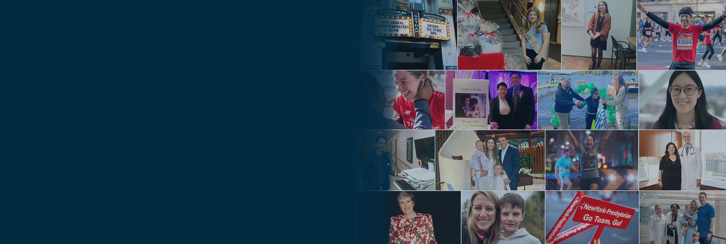 Collage of NewYork-Presbyterian community members fundraising, including runners, patients, families, and supporters participating in events and celebrations.