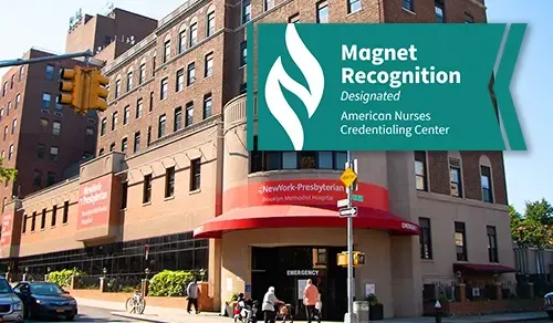 Exterior of Brooklyn Methodist Hospital with Magnet Recognition badge
