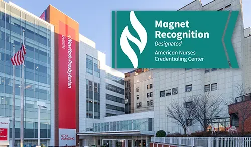 Exterior of NYP Queens Hospital with Magnet Recognition badge